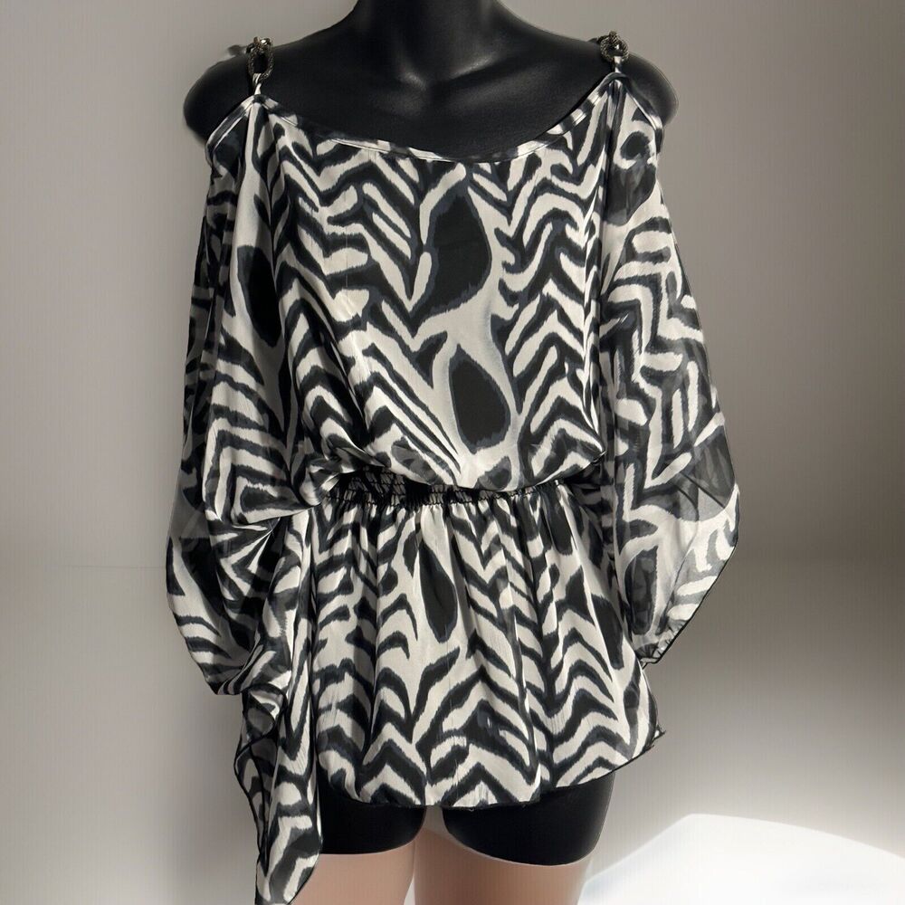 Vintage Bella Black/White Print Shirt Blouse Open Shoulder Chain Strap Sz S